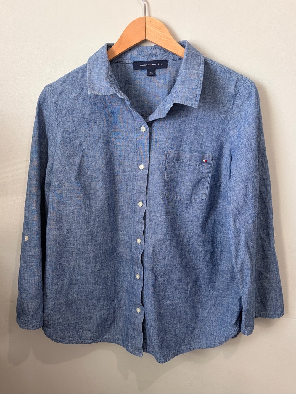 Tommy Hilfiger Medium Blue Lightweight Cotton Roll Sleeve Button Up Shirt